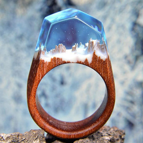 Handcrafted Wooden Secret Inside Snow Mountain Wood Resin Rings